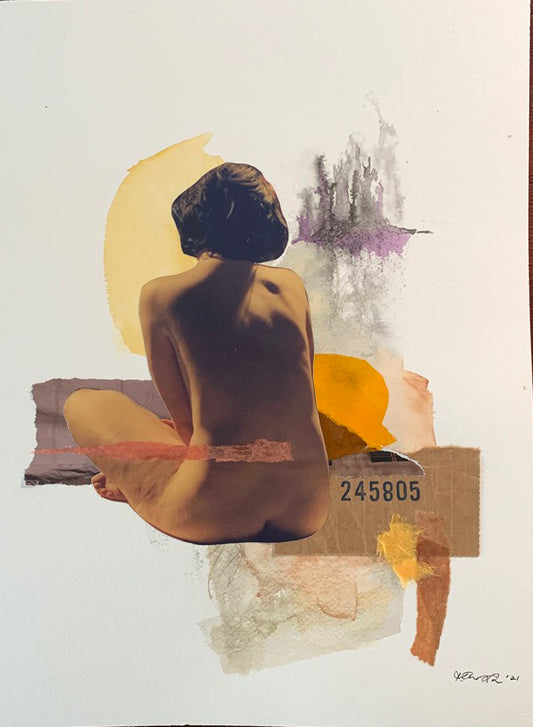 A nude woman sits with her back to us.