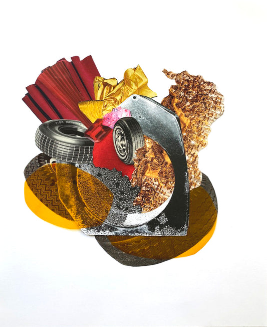 Tires, clothing and intricate gold sculpture overlapping with yellow circles.